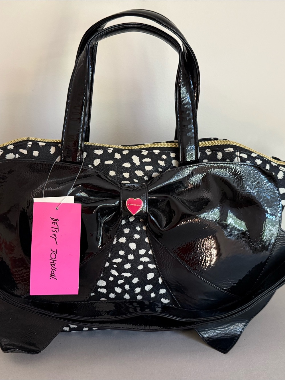 Betsey Johnson Black Patent Bow Tote with Black and White Spot Print